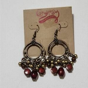 Treska Gypsy Bronze Burgundy Red Beaded Chandelier Hoop Dangle Earrings Boho